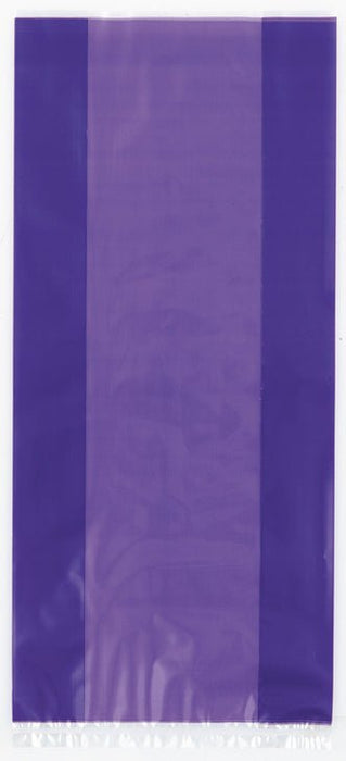 Pack of thirty purple cellophane bags displayed flat showing the translucent material and white fringed bottom edge.