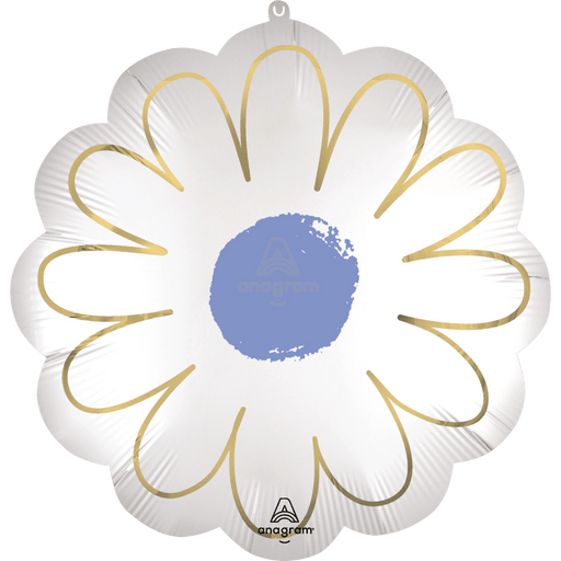 White daisy-shaped foil balloon with gold petal outlines and a blue circular center, designed for inflation and display.