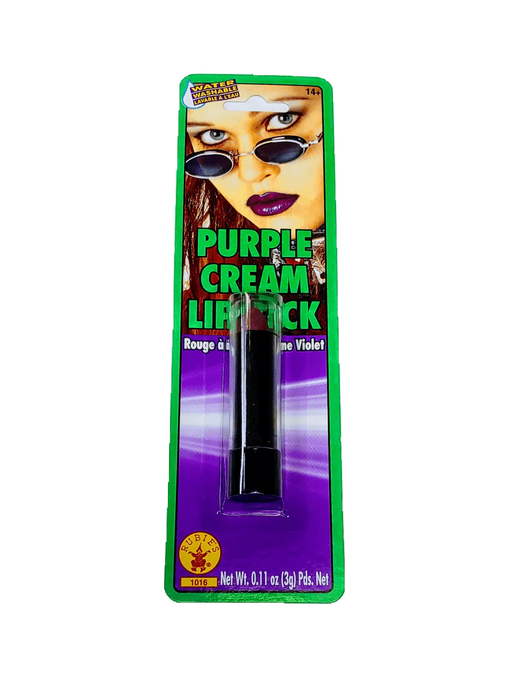Purple cream lipstick in a black tube displayed on a green and purple packaged card with water-washable labeling and a model wearing sunglasses.