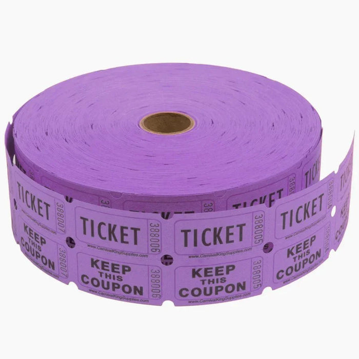 Roll of purple raffle tickets with perforated sections printed with "TICKET" and "KEEP THIS COUPON" text, featuring sequential numbering and a cardboard center tube.
