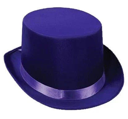 Deep purple velvet top hat with a matching satin ribbon band, displayed at a slight angle against a white background.