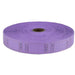 Purple perforated ticket roll with numbered sections displayed in a flat lay view showing the continuous strip and cardboard center tube.