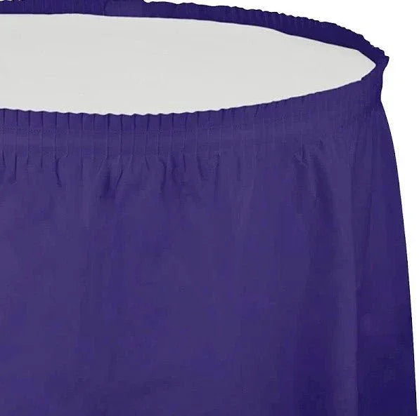 Deep purple pleated table skirt with elastic top edge shown against a white background.