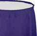 Deep purple pleated table skirt with elastic top edge shown against a white background.