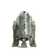 Silver domed robot with cylindrical body, dome-shaped head with black sensor, red indicator light, metallic panels, side vents, articulated legs with foot pads, and mechanical details throughout.