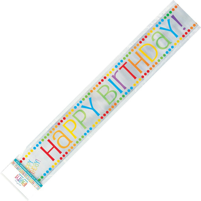 Colorful "Happy Birthday" banner with multicolored letters and decorative dots along the edges, displayed diagonally on a white background.