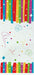 Colorful cellophane treat bags with rainbow vertical stripes, stars, and dots, arranged in a flat lay with decorative swirls and scattered confetti elements between top and bottom rows.