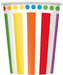 Colorful paper cup featuring rainbow vertical stripes in green, yellow, orange, red, and purple with matching colored circles at the top.