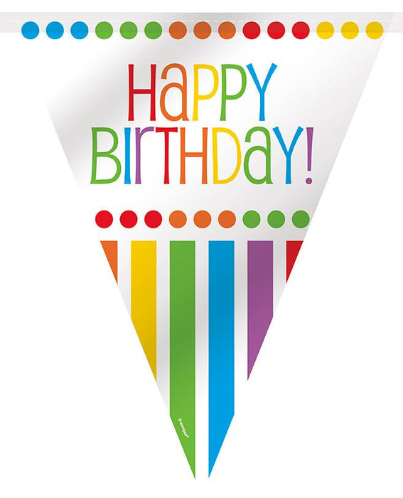 Triangular birthday banner with "HAPPY BIRTHDAY!" in multicolored letters, decorated with colorful polka dot borders and rainbow striped pennants below.