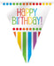 Triangular birthday banner with "HAPPY BIRTHDAY!" in multicolored letters, decorated with colorful polka dot borders and rainbow striped pennants below.