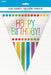 Colorful triangular flag banner with "Happy Birthday" text in rainbow letters, decorated with rows of colored circles and vertical stripes at the bottom, measuring 12 feet long.