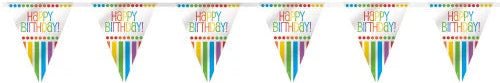 Six connected triangular pennant flags in white with colorful rainbow stripes and "Happy Birthday" text arranged in a horizontal banner formation.