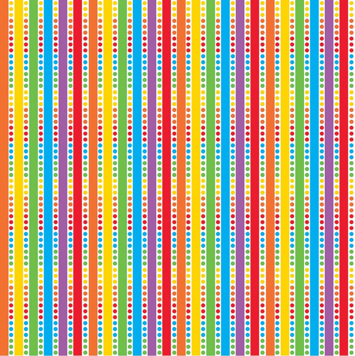 Colorful vertical striped wrapping paper with rainbow-colored bands including yellow, blue, purple, orange, green, and red, each decorated with rows of small polka dots in coordinating colors.