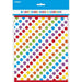 Eight white loot bags with a diagonal pattern of multicolored dots in blue, purple, red, yellow, orange, and green arranged in repeating rows.