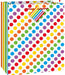 White gift bag with an all-over pattern of colorful polka dots in red, yellow, orange, green, blue, and purple, featuring rainbow-striped handles.