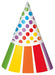 Cone-shaped party hat with colorful polka dots arranged in rows on the upper section and solid color vertical stripes in green, yellow, orange, red, and purple on the lower band.