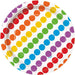 White circular plate with eight diagonal rows of multicolored circles arranged in rainbow order: red, orange, yellow, green, blue, and purple.