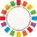 Circular paper plate with a rainbow color wheel design featuring twelve colored squares around the rim and small colored dots in a circular pattern in the center.
