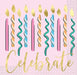Pack of 16 pink napkins decorated with colorful spiral candles, gold leaf designs, and gold "celebrate" text.