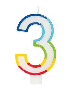 Multicolored number 3 birthday candle with blue, green, yellow, and red segments and a white base.