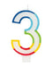 Multicolored number 3 birthday candle with blue, green, yellow, and red segments and a white base.