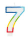Rainbow-colored number 7 candle with blue, green, yellow, and red gradient stripes and a white string loop for hanging.