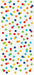 Scattered colorful polka dots in red, blue, yellow, orange, green, and cyan on a white background.