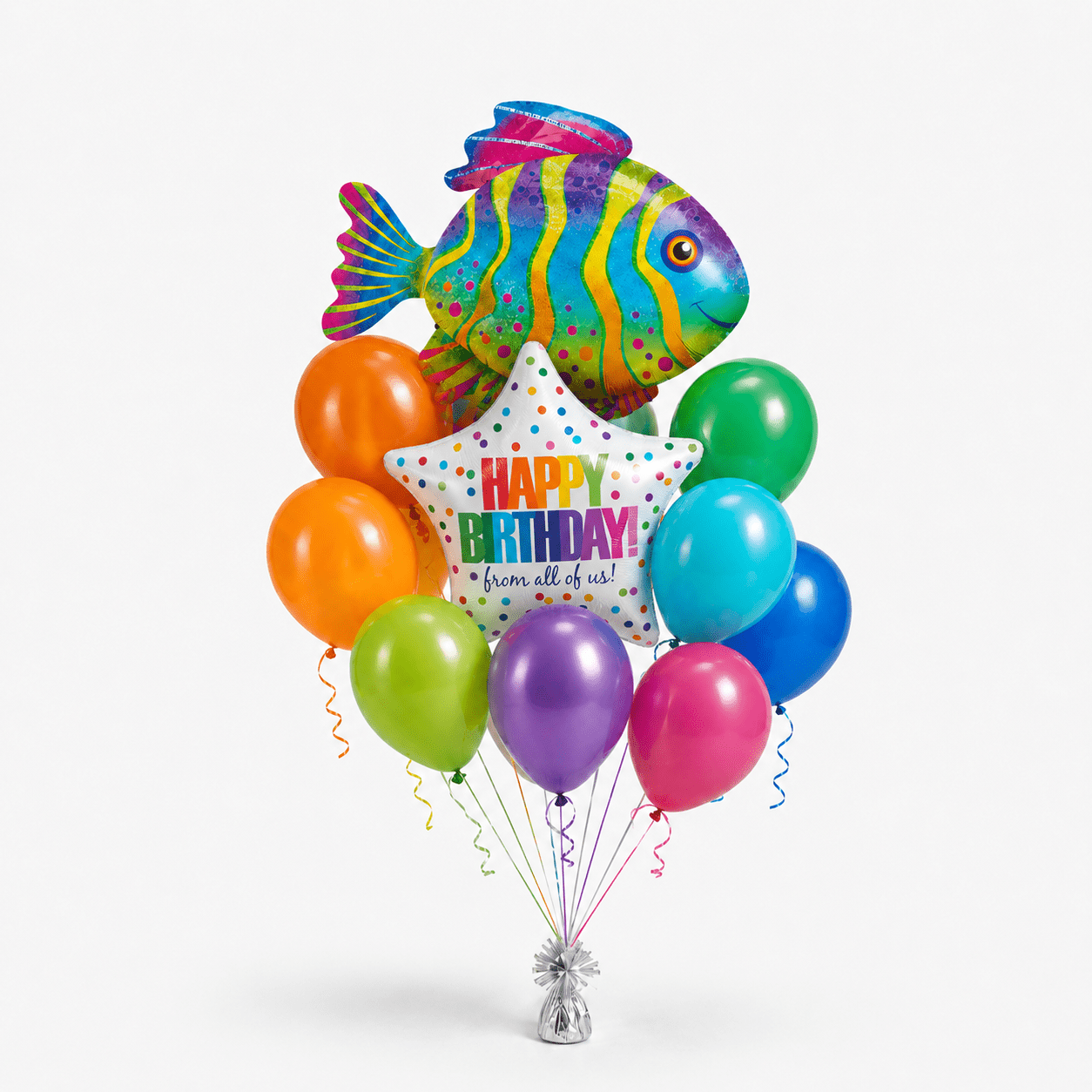 Tropical fish birthday balloon bouquet featuring a large rainbow fish-shaped foil balloon, a white star-shaped “Happy Birthday” foil balloon with rainbow lettering and dots, and bright orange, green, blue, purple, pink, and yellow latex balloons with curling ribbons.