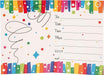 Colorful blank party invitation cards featuring rainbow ribbon designs at top and bottom with confetti and decorative swirls, including spaces for date, time, place, RSVP, and email details.