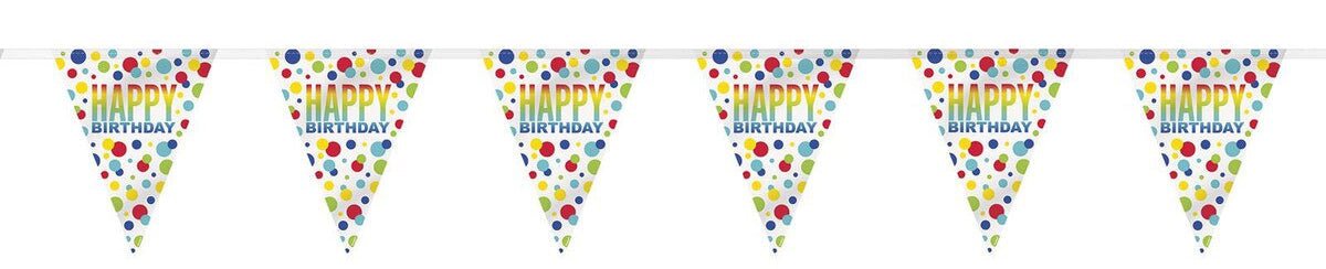 Six connected triangular pennant flags with "Happy Birthday" text in yellow and blue, decorated with colorful polka dots in red, blue, yellow, and green.