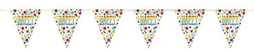 Six connected triangular pennant flags with "Happy Birthday" text in yellow and blue, decorated with colorful polka dots in red, blue, yellow, and green.