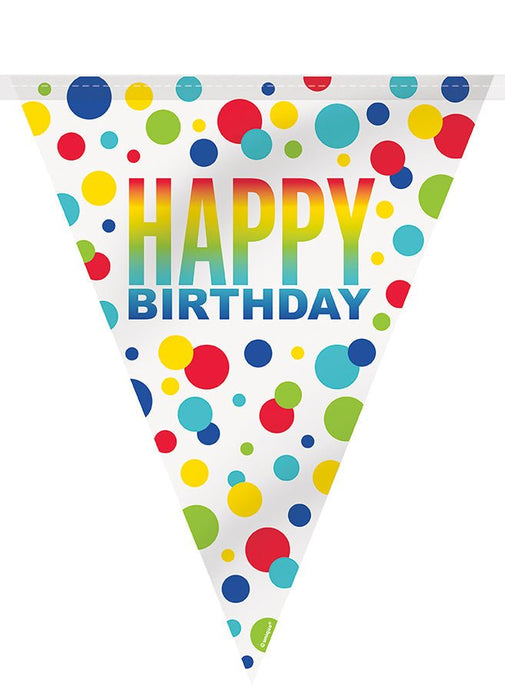 White pennant-shaped banner with "Happy Birthday" text in rainbow gradient letters surrounded by colorful polka dots in red, yellow, green, blue, and teal.