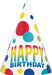 Colorful cone-shaped party hat with white background, large and small polka dots in red, yellow, blue, cyan, and green, with rainbow gradient "HAPPY BIRTHDAY" text in the center.