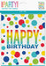 Pack of eight white loot bags featuring colorful polka dots in red, blue, yellow, green, and teal with large gradient "Happy Birthday" text in the center.