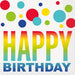 Pack of 16 lunch napkins featuring "Happy Birthday" text in rainbow gradient colors with colorful polka dots scattered above.