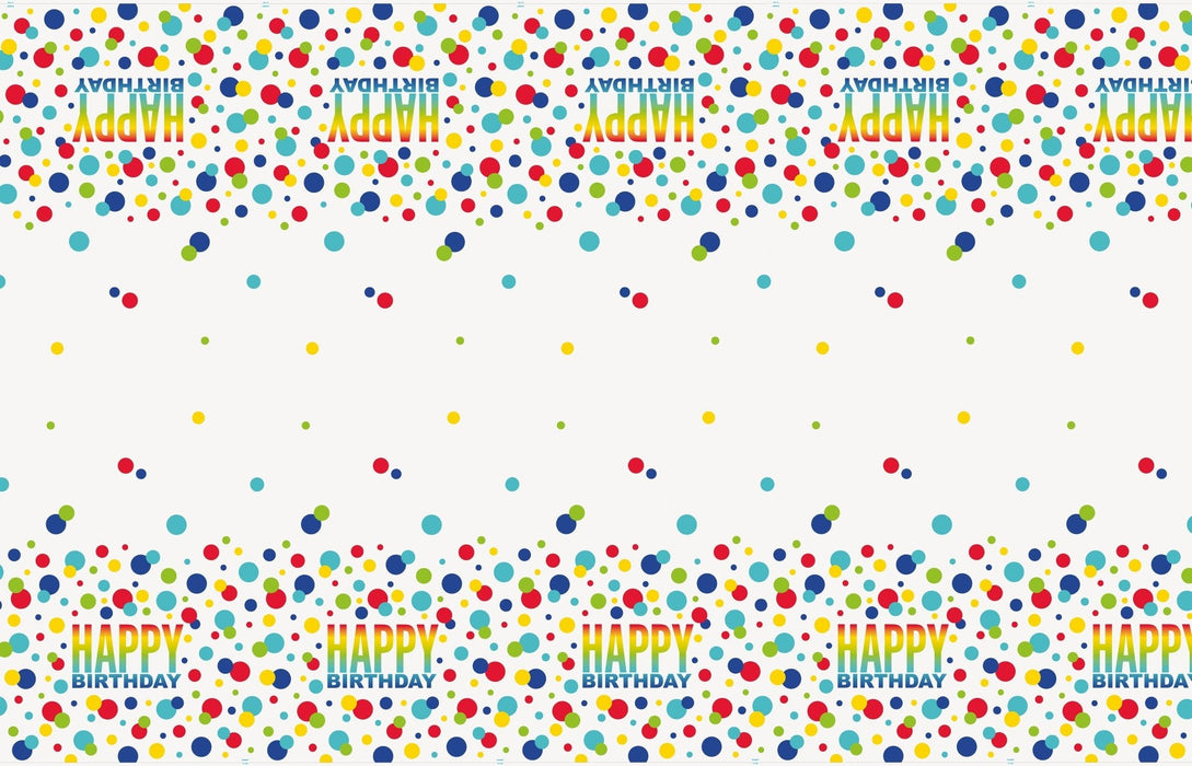 Plastic tablecover with white background and colorful polka dots in red, yellow, green, teal, and navy blue, featuring "Happy Birthday" text repeated along top and bottom borders.