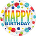White paper plate with "Happy Birthday" text in rainbow gradient lettering and navy blue letters, decorated with colorful polka dots in red, yellow, green, blue, and cyan arranged around the border.