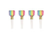 Four rainbow-striped party blowouts with brass-colored mouthpieces and white plastic tubes arranged in a row.