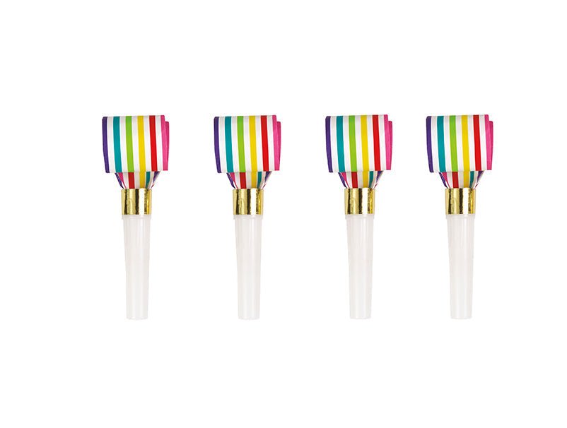 Four rainbow-striped party blowouts with brass-colored mouthpieces and white plastic tubes arranged in a row.