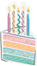 Colorful cake-shaped napkins featuring five layers in pink, peach, blue, and green with gold polka dot patterns, topped with five tall birthday candles in coordinating colors and gold foil flames.
