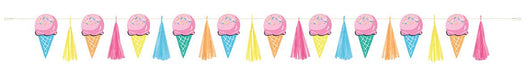Colorful 6-foot garland featuring alternating ice cream cone decorations with pink frosting and cone-colored tassels in yellow, pink, blue, and orange hanging from a string.
