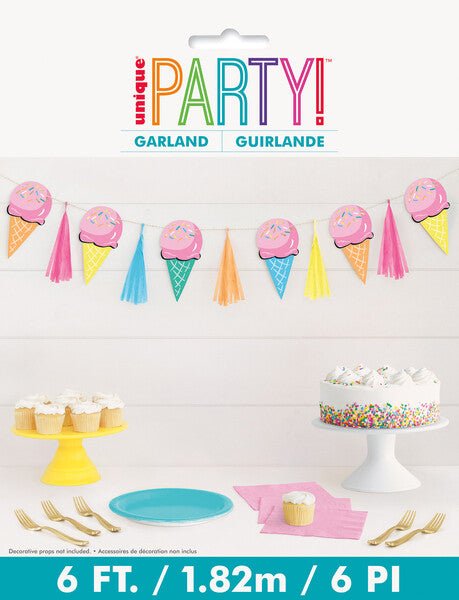 Colorful ice cream cone garland with pink frosting tops, yellow and pastel cone decorations, and matching tassels in blue, pink, and orange, measuring 6 feet long.