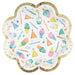 Cloud-shaped paper plate with gold foil trim featuring colorful illustrations of party hats, ice cream cones, cupcakes, balloons, and confetti throughout.