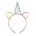 Rainbow gradient unicorn headband with spiral horn, pointed ears, and dotted headband detail against a white background.