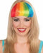 Woman wearing a blonde wig with a rainbow-colored fringe that transitions from red, orange, yellow, green, and blue across the forehead.
