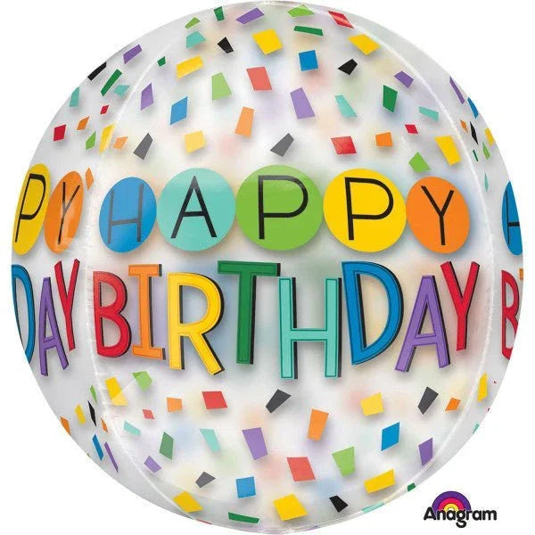 Colorful spherical balloon with "Happy Birthday" text in rainbow letters and multicolored confetti pattern on white background.