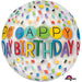 Colorful spherical balloon with "Happy Birthday" text in rainbow letters and multicolored confetti pattern on white background.
