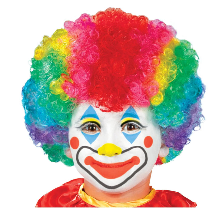 Rainbow curly clown wig with bright red, pink, yellow, green, blue, and purple synthetic hair styled in a voluminous afro shape.
