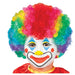 Rainbow curly clown wig with bright red, pink, yellow, green, blue, and purple synthetic hair styled in a voluminous afro shape.