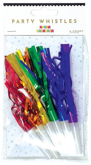 Six colorful party whistles with metallic foil streamers in rainbow colors including red, orange, yellow, green, blue, and purple, each with a white plastic mouthpiece, displayed in clear packaging.